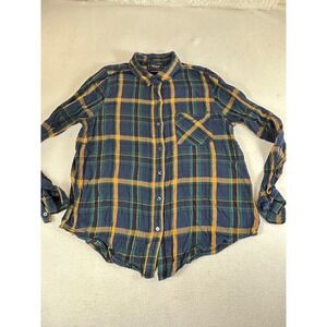 Lucky Brand Plaid Button Down Women M Blue Green Yellow Grunge Flannel